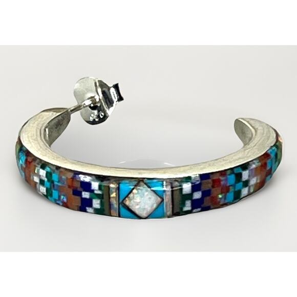 Native American ZUNI Sterling Silver Multi Gem Micro Inlay Hoop Earrings Signed - Picture 10 of 15